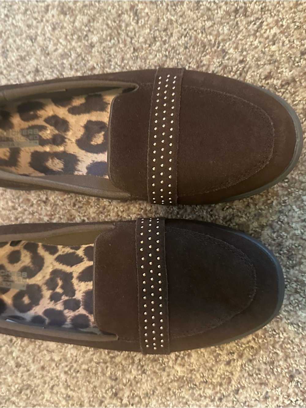 Skechers Brown Suede Studded Loafers with Leopard Insole